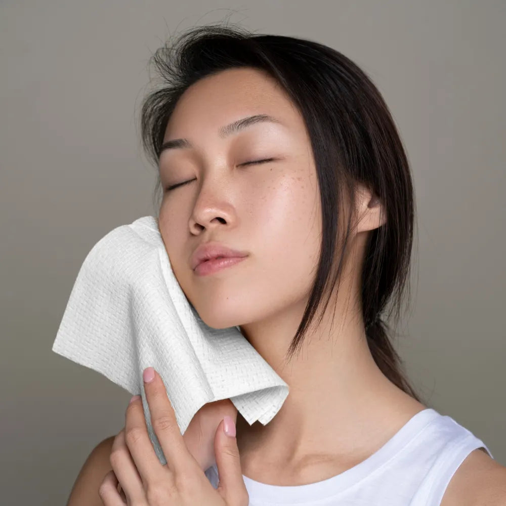 Person gently wiping their face with a white towel.